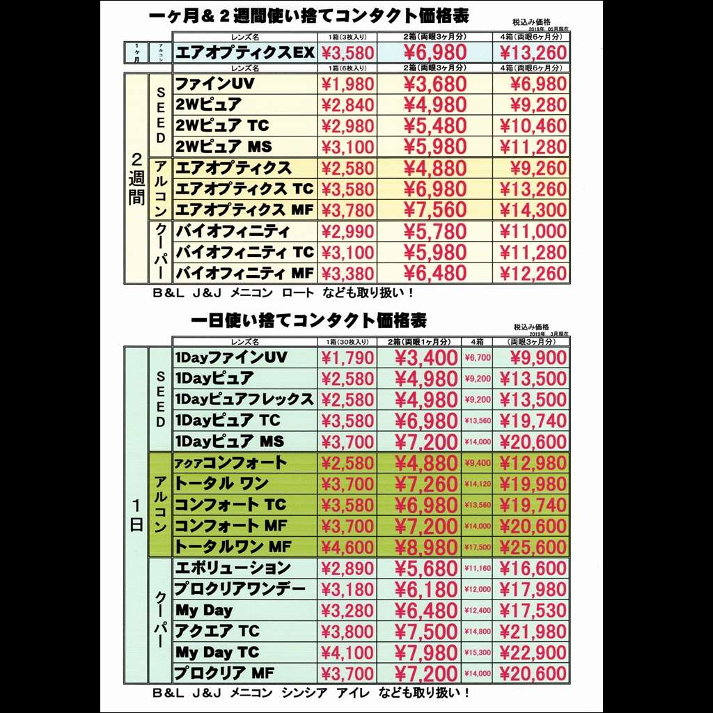 主なコンタクト価格表