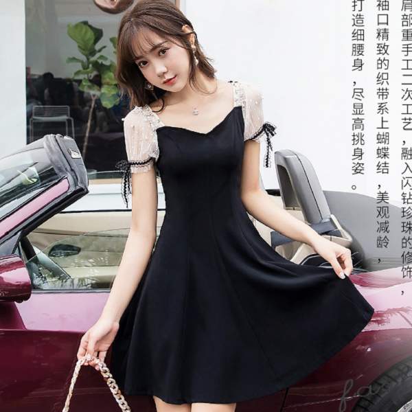 ~甜美可兒~溫柔配色~珍珠蕾絲包袖~腰身A字連身裙洋裝~謝師宴/約會/下午茶穿搭