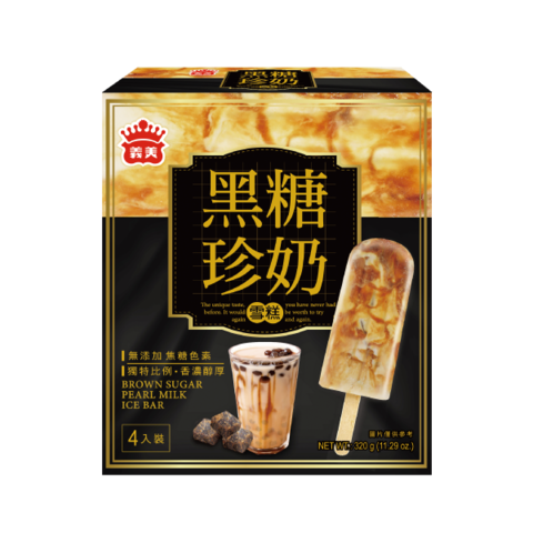義美特製Q彈嚼感的內餡搭配香濃醇厚的黑糖奶茶雪糕，獨家比例搭配，令人意猶未盡。 社群軟體打卡必備的獨特絢麗波紋，外型加分。 不添加焦糖色素，成分相對單純、整支吃完也不甜膩。葷素別：奶素保存期限冷凍(-