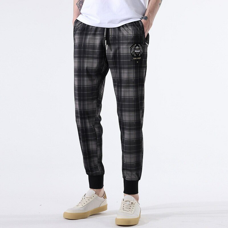 2021春夏潮牌休閒褲男士寬鬆長褲潮流薄款運動褲子刺繡束腳格子褲