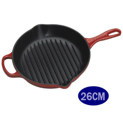 (福利品)Le Creuset 鑄鐵單柄圓形烤盤 26cm 櫻桃紅 法國製造 有底紋
