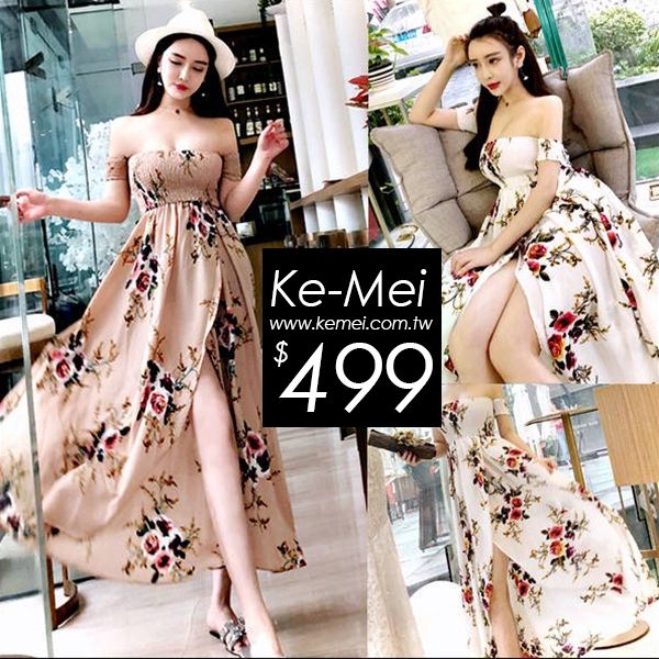 克妹Ke-Mei【ZT50815】波西渡假風 復古花朵性感露肩開叉長洋裝