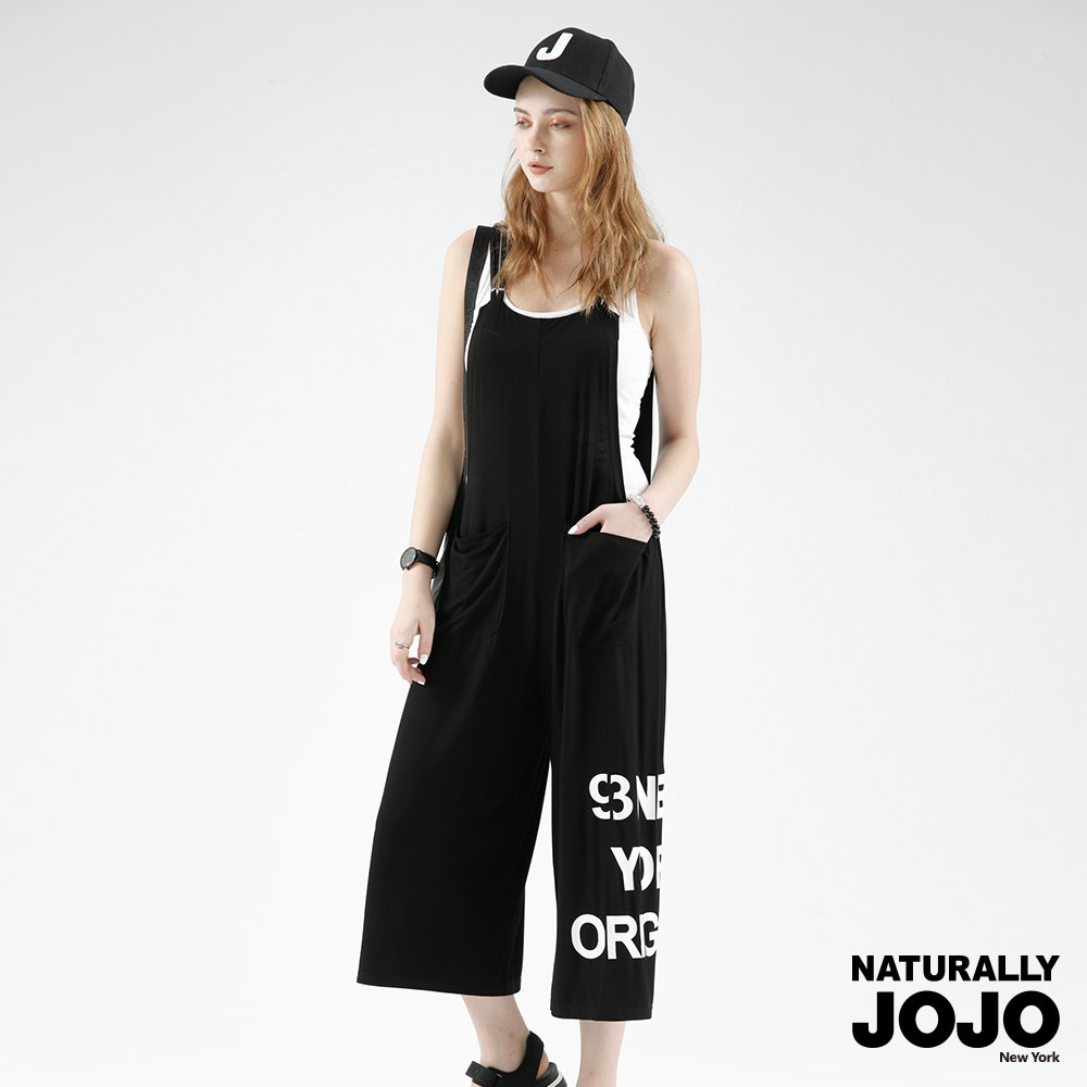 【NATURALLY JOJO】 原創印雙肩吊帶褲 (黑)