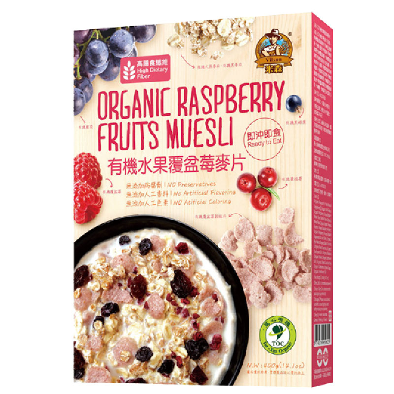 「榖脆片X綜合水果」層次豐富新口感米森特選來自芬蘭的有機穀麥片，獨特的冰湖地形，形成天然純淨的環境條件，並利用春夏溫暖時期，引用無汙染冰湖雪水灌溉，蘊育出麥香濃郁且飽滿的有機穀麥。經過篩選、清洗、碾製、蒸熟等現代自動化製程，最後製作成有機大燕麥片及有機黑麥片。並加入有機鮮果乾：有機蔓越莓、有機葡萄乾、有機黑醋栗、有機覆盆莓及特製有機覆盆莓榖脆片調配成口感香脆且豐富水果的有機麥片。 另外本廠也通過國際ISO22000及HACCP食品安全管理驗證，多一份安心與保障。※ 製造日期與有效期限，商品成分與適用注意事項皆標示於包裝或產品中※ 本產品網頁因拍攝關係，圖檔略有差異，實際以廠商出貨為主※ 本產品文案若有變動敬請參照實際商品為準