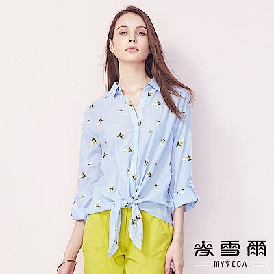 【麥雪爾】純棉清新茉莉花綁帶五分袖襯衫