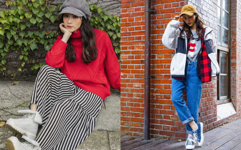 （左）H&M圓高領針織套衫 NT999、Mercci22直條紋襯衫層次洋裝 NT860、FILA高筒絨毛靴 NT3,980、灰色燈芯絨帽為私物 （右）:CHOCOOLATE 北極熊毛衣 NT1,999、:CHOCOOLATE格紋連帽衫 NT3,399、FILA絨毛外套 NT5,480、Mercci22褲管不收邊牛仔褲 NT1,580、Converse Renew Denim Chuck 70 NT2,480（圖／愛女生1月號）