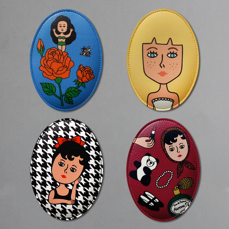 oohlala 韓國可愛女孩創意橢圓PU化妝鏡便攜隨身鏡小鏡子手鏡