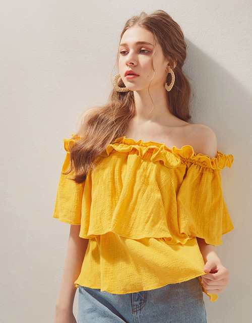 一字領層次荷葉短袖上衣