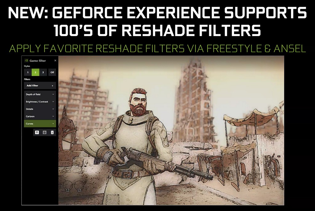 ▲ ReShade 濾鏡效果可由 Freestyle 或是 Ansel 調用，但會根據遊戲類型、遊戲開發者整合 Ansel 方式，而有使用數量上的差異。