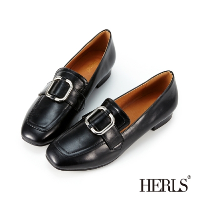 HERLS樂福鞋-兩穿金屬方釦光澤感小方頭樂福鞋-黑色
