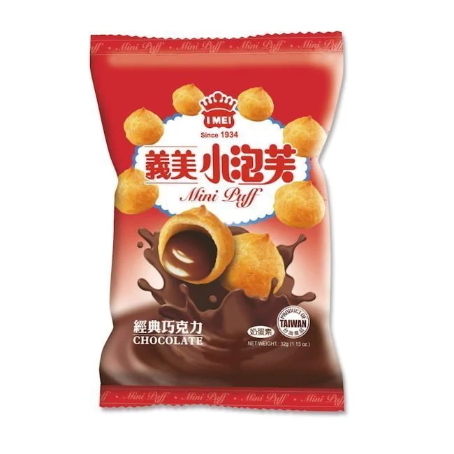 詳細介紹 食品資訊 品名：義美小泡芙 (經典巧克力) 39g 內容物名稱：植物油(棕櫚油、菜籽油、葵花油)、雞蛋、蔗糖、麵粉、乳清粉、可可膏、奶粉、大豆卵磷脂、香料 內容量：39g 食品添加物名稱：香