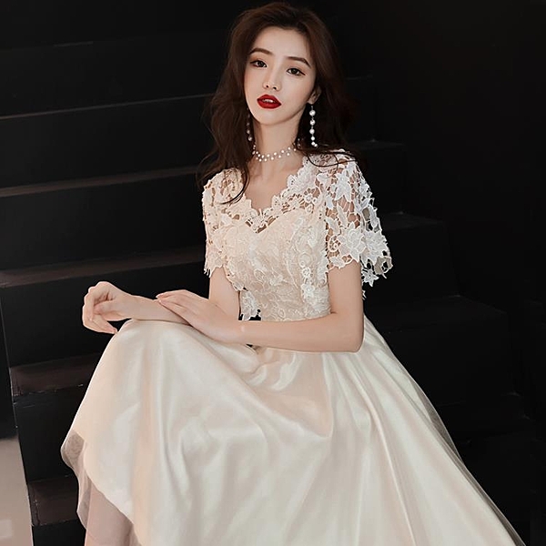 晚禮服女2018新款中長款香檳色伴娘連身裙洋裝小禮服名媛蕾絲顯瘦