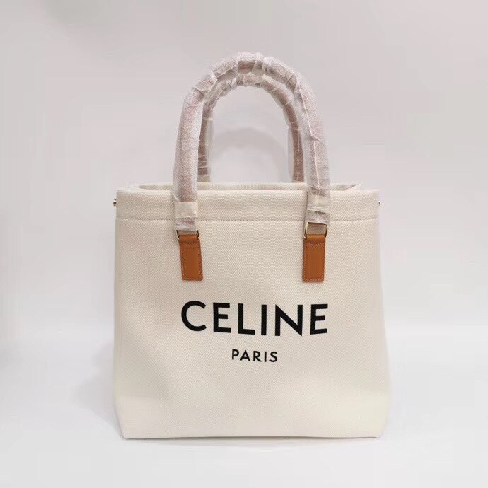 【Chiu189英歐代購】CELINE paris logo白色 帆布托特包 焦糖色皮革 手提 購物包