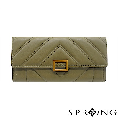 SPRING-復古迷人車線方釦長夾-個性墨綠