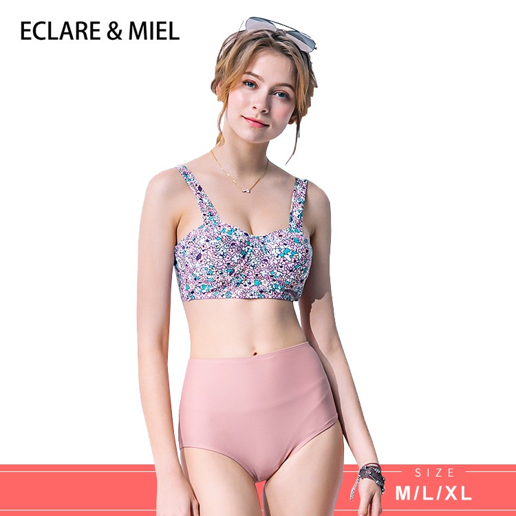 (現貨)ECLARE & MIEL - 長灘島系列碎花粗肩帶高腰三角褲兩件式泳裝(粉紅)【CSW0087-1】