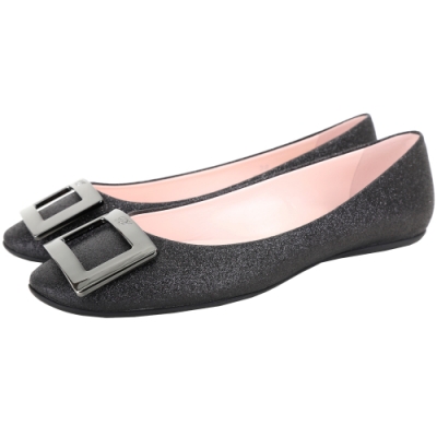 Roger Vivier Gommette 金屬方釦細沙觸感平底娃娃鞋(黑色)