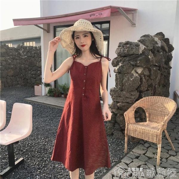夏季新示復古吊帶裙小清新格子連身裙沙灘裙 海邊度假女夏潮 歌莉婭