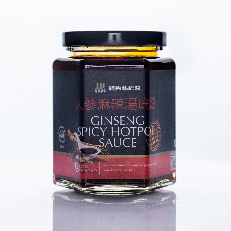 只要加水，就是美味的火鍋與拉麵湯底！正宗台式麻辣醬，嚴選上等大紅袍，加上人蔘溫潤回甘驚豔您的味蕾，總是令人胃口大開。鹹度與鮮度的完美比例，可以各人喜好加上辣油增添辣度。亦可作為沾醬、滷汁，或應用於拌炒