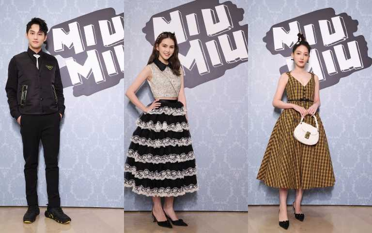 Miu Miu 蝴蝶結珠飾上衣／165,000元、蕾絲蛋糕裙／275,000元、水晶綴飾高跟鞋／36,500元、Montone Miu Belle 迷你手提肩背包／41,000元、水晶蝴蝶結髮箍／8,200元（圖／品牌提供）