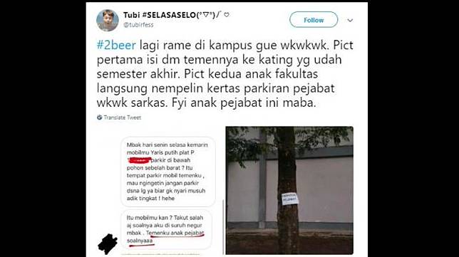 Drama senior dan junior berebut lahan parkir di kampus. [Twitter]