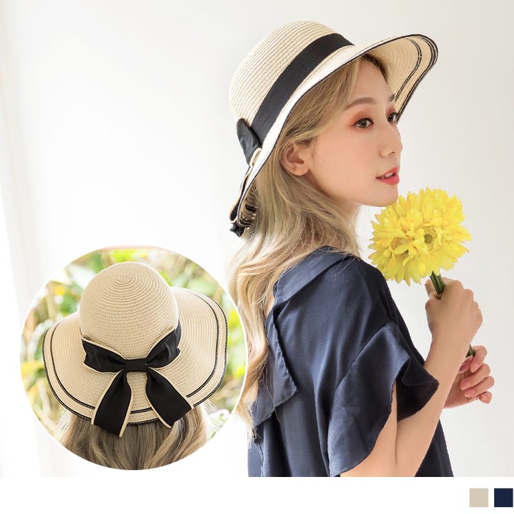 簡約質感的草編底色， 搭配適當的帽沿設計， 打造實用性且整體感加分~ 配上大蝴蝶結造型，營造甜美浪漫的氣息， 是外出度假的實撘配件!