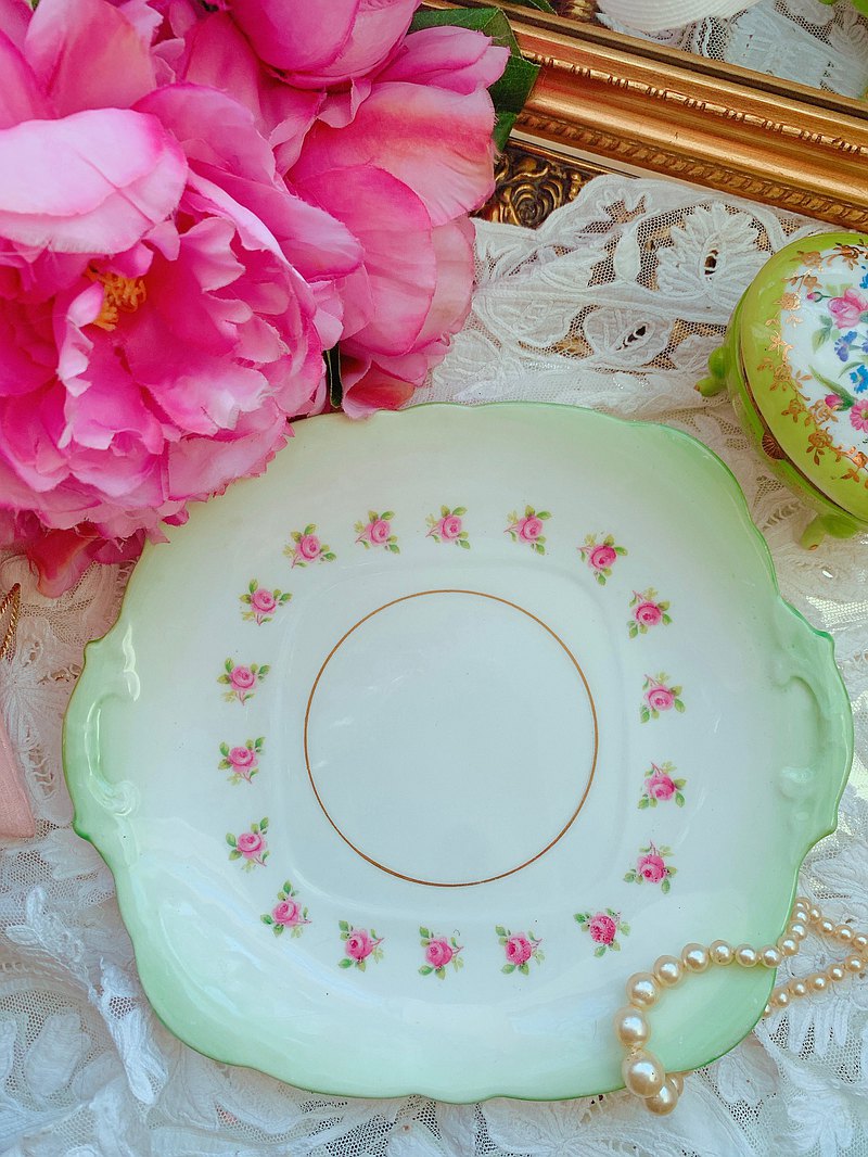 英國製骨瓷古董手繪湖水綠玫瑰蛋糕盤 點心盤狀況完整庫存品