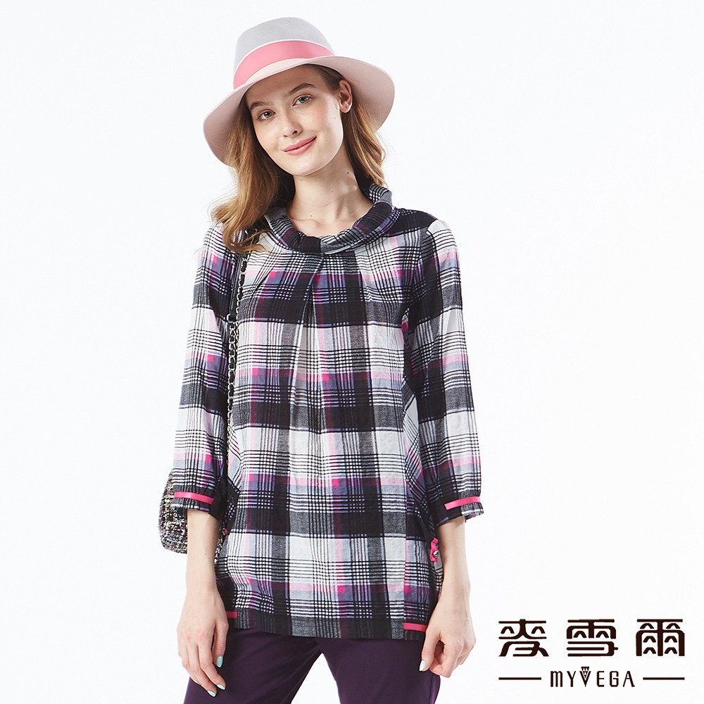 【麥雪爾】純棉格紋印花扭轉領口上衣