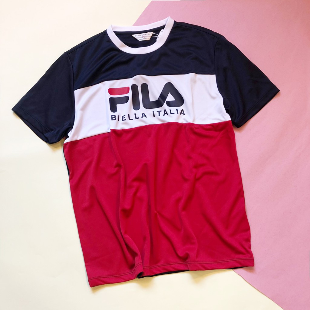 FILA LOGO TEE 深藍 藍白紅 拼接 撞色 短TEE 吸濕排汗 涼感材質 復古圓領 短T 女 DOT聚點