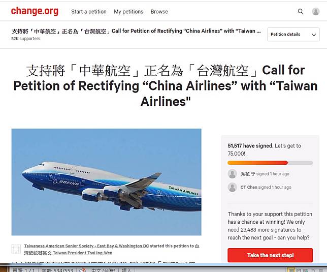 挺華航正名台灣航空 國際連署破5.1萬人登CNN