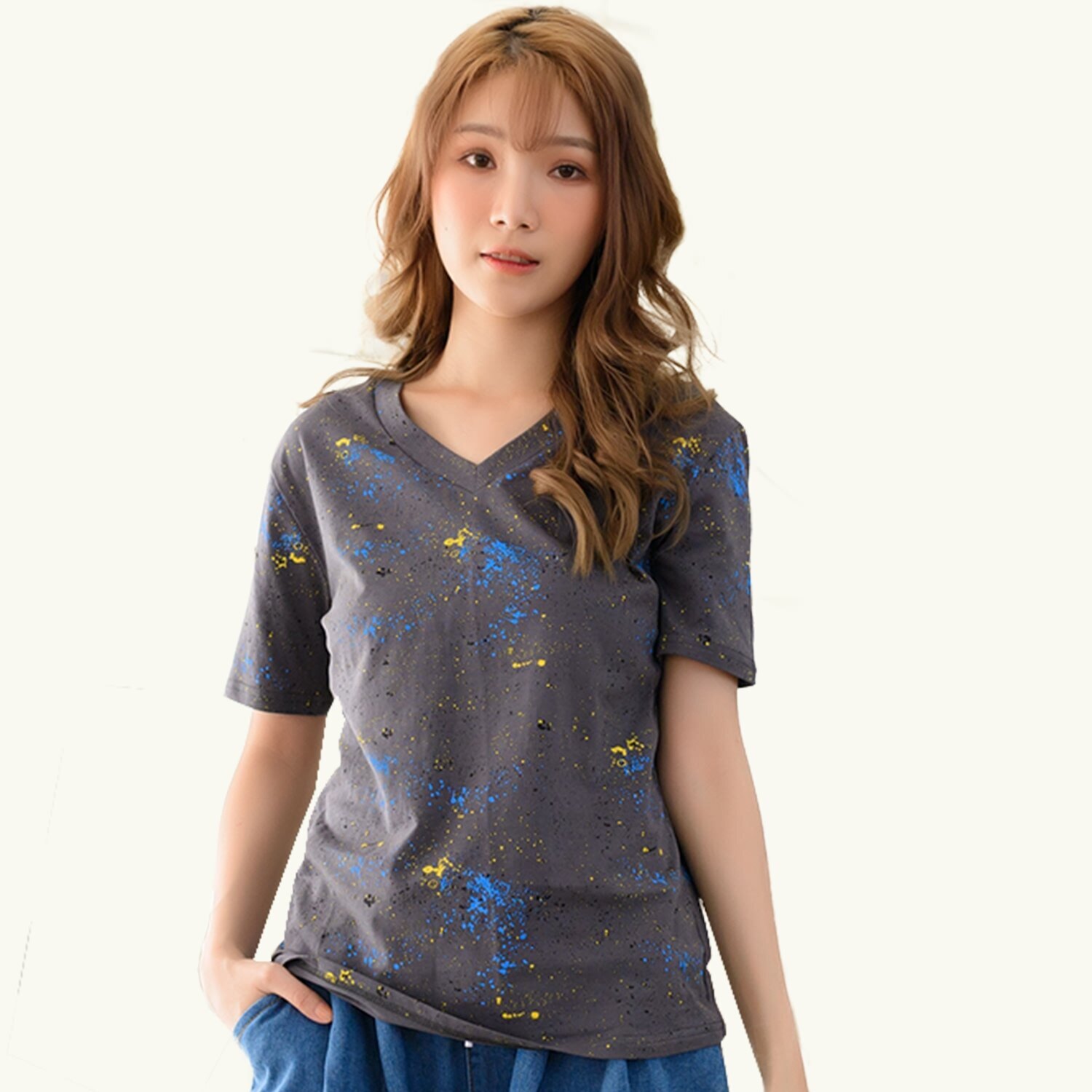 棉T--耐看亮眼撞色潑墨點綴素面圓領短袖T恤(淺灰.深灰L-3L)-T418眼圈熊中大尺碼