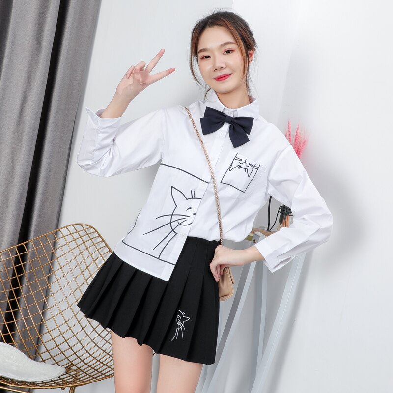 白襯衫加黑色百褶裙短裙兩件套+襯衣配半身裙子女刺繡學院風套裝