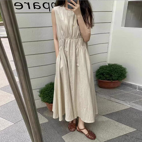 新品單件下殺９折中大尺碼 洋裝 韓版ins褶皺設計感氣質棉麻無袖洋裝【063065】AUG02｜3色 現貨+預購 19LADY