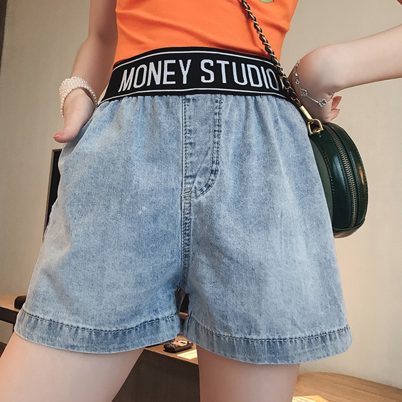 【現貨】牛仔短褲 女生 鬆緊腰字母邊拼接寬褲 高腰闊腿短褲 寬鬆熱褲 丹寧牛仔褲 顯瘦 潮流時尚 闊腿褲 丹寧褲