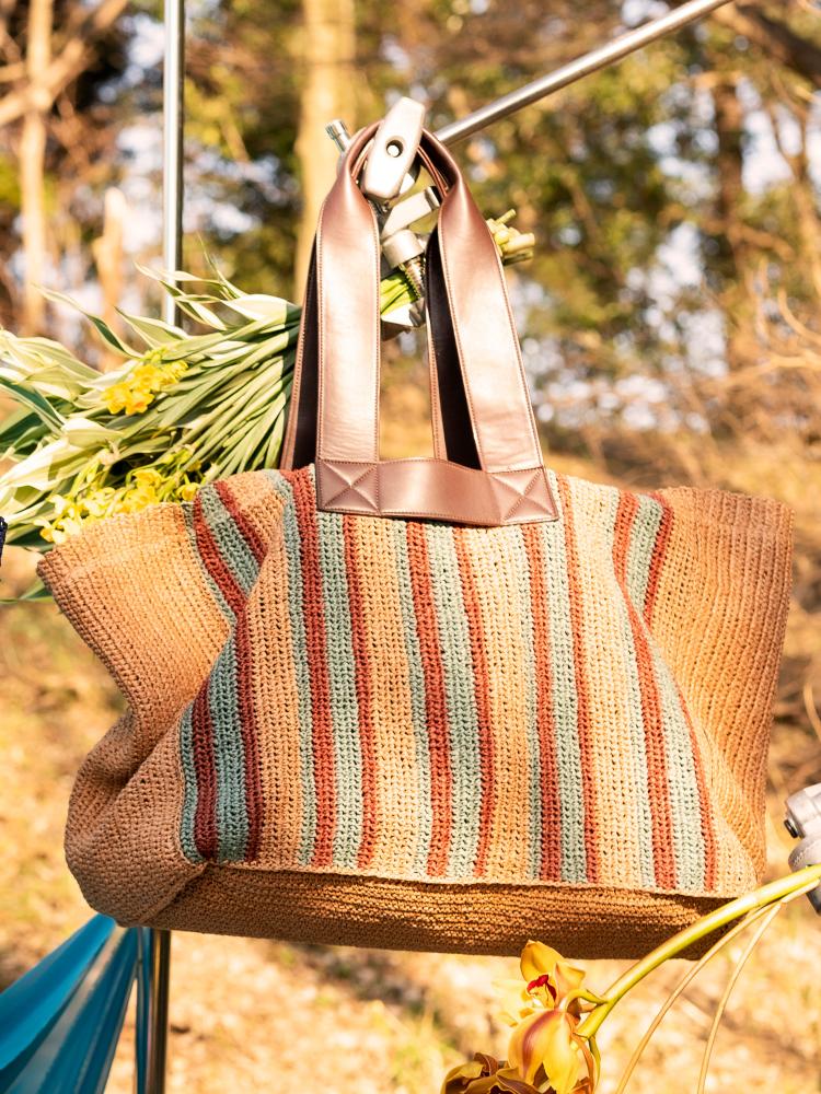 直條紋編織托特包