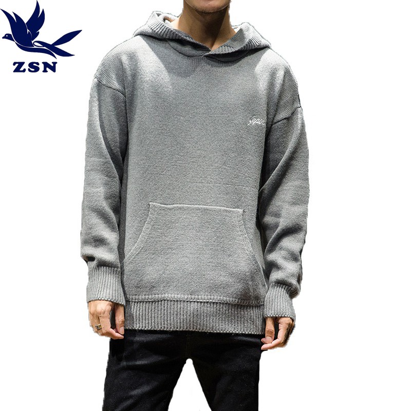 港風針織連帽衫 寬鬆大碼連帽毛線衣 套頭毛線衫 休閒風素色帽衫 連帽針織衫 秋冬保暖防寒韓版帥氣毛衣外套 學院風帽衫