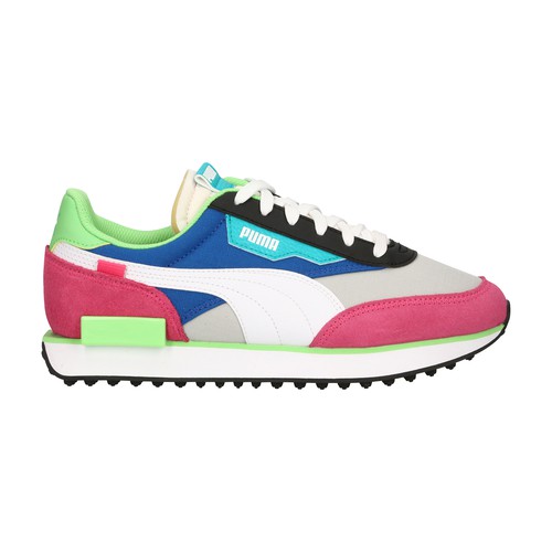Black suede blends with coloured fabric inserts on these Puma trainers. The Rider model will add pep