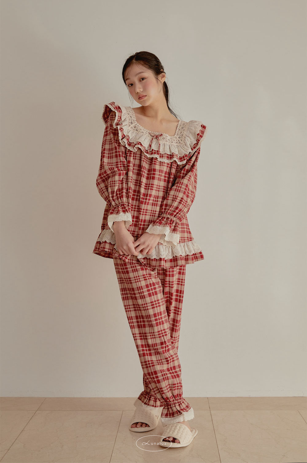 LUNALUZ STUDIO Margot Check Cotton Blend Dress Pajama