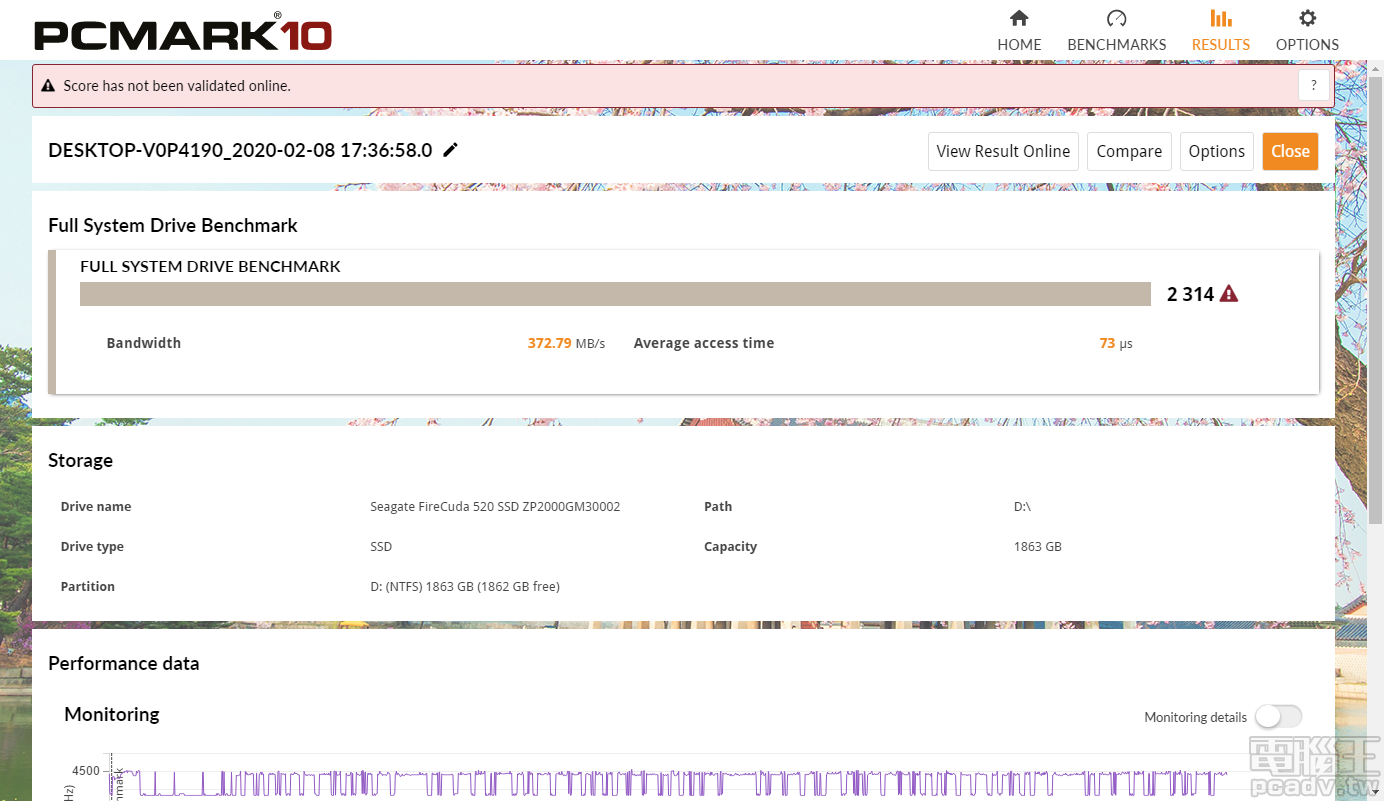 PCMark 10 測試子項目 Full System Drive Benchmark 模擬真實世界應用程式，FireCuda 520 2TB 於這個測試取得 2314 分、372.79MB/s 頻寬和 72μs 延遲。（點圖放大）