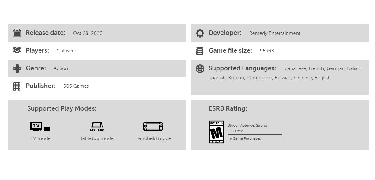 任天堂 Switch 雲端版《控制》的遊戲資訊。