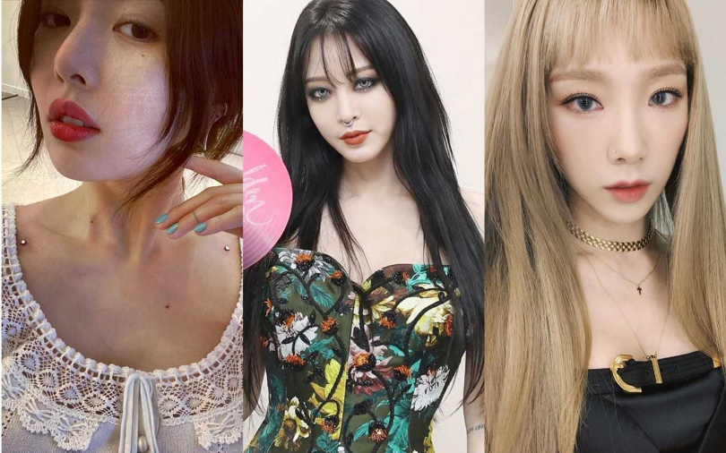 泫雅的鎖骨埋釘、韓藝瑟的鼻環、太妍的鼻洞造型是新世代人氣時尚LOOK。（圖／翻攝自泫雅、韓藝瑟、太妍IG）