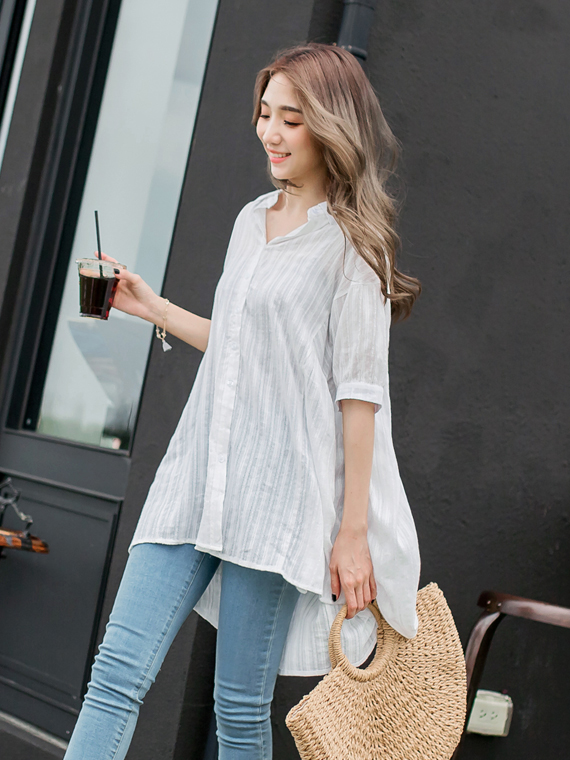高含棉直條紋前短後長七分袖襯衫罩衫