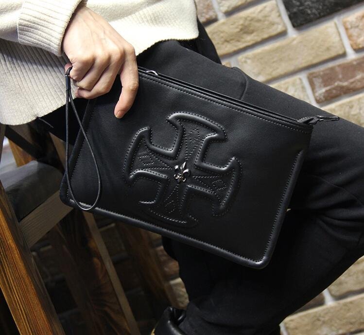 FINDSENSE Z1 韓國 時尚 潮 男 黑色 皮質 十字圖案 休閒 手拿包 皮夾包 公事包