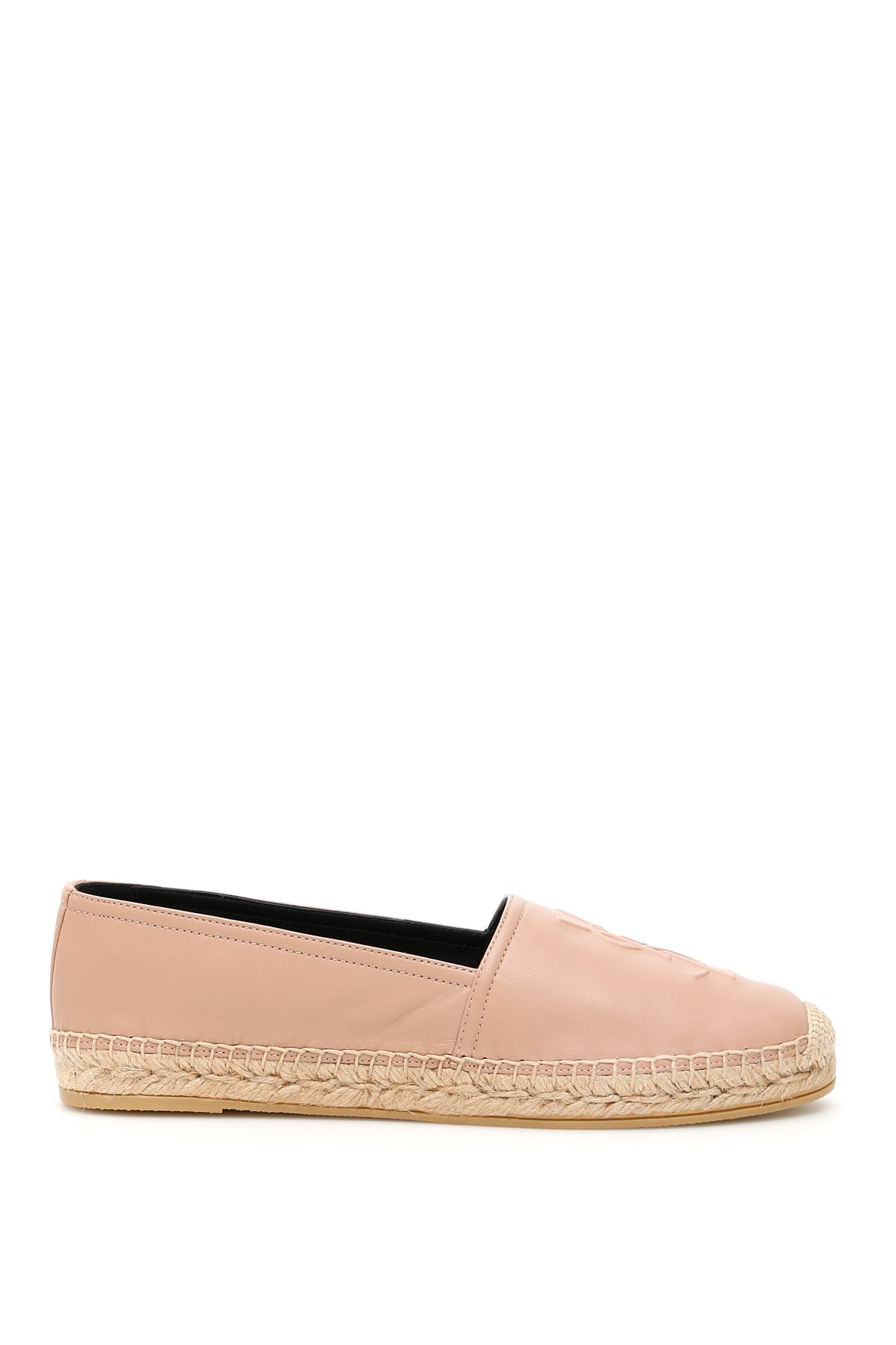 Saint Laurent leather espadrilles with embossed YSL logo on the front and woven rope base. Leather l