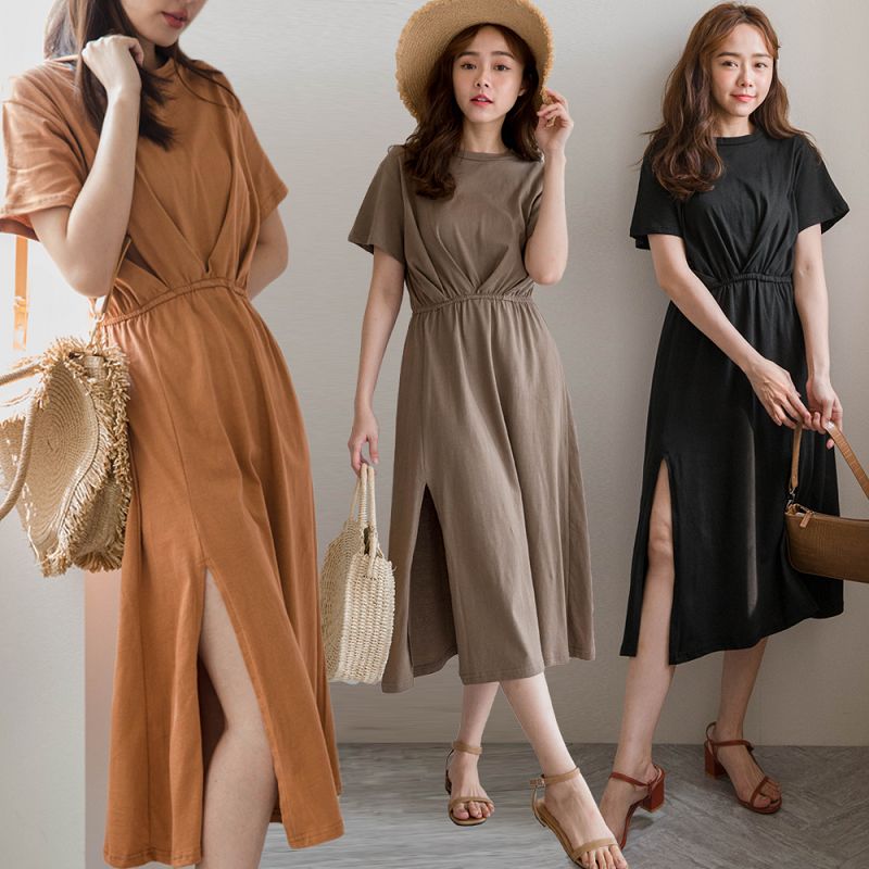 ★現折100★正韓‧圓領鬆緊彈力腰下開衩素面短袖棉質洋裝(共3色)0316 預購【NJ0627SX】