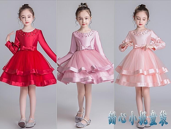 女童公主裙禮服洋氣小女孩蛋糕裙短蓬蓬紗裙子兒童連身裙長袖秋裝