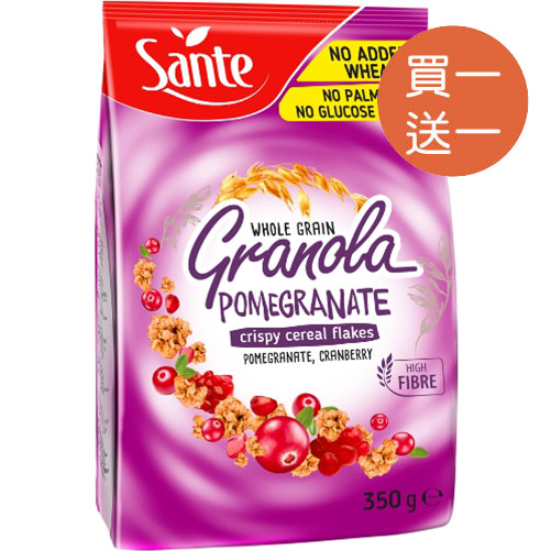 ．波蘭Sante歐洲最大綜合穀物品牌 給你歐式頂級味蕾饗宴．顆顆微甜不膩的酥脆穀物 適合怕太甜又喜歡granola的你．添加藍莓及紅石榴膠塊 酸甜幸福好滋味．Granola｜口感：酥脆｜甜度：微甜★☆