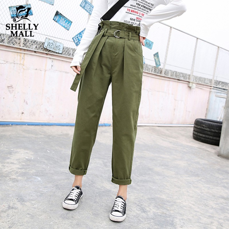 [希希家] 休閒長褲配腰帶 九分高腰褲 韓版夏季新款學生蘿卜直筒褲 寬鬆顯瘦闊腿褲 百搭時尚素色褲子 運動褲 女生衣著