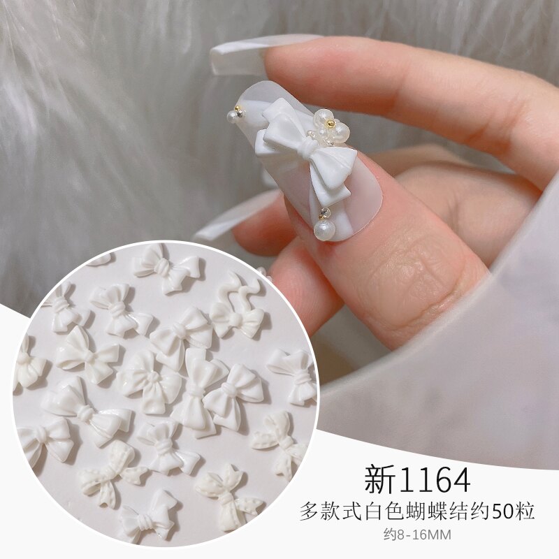 美甲樹脂平底蝴蝶結白色領結飄帶網紅百搭指甲貼片裝飾品混裝