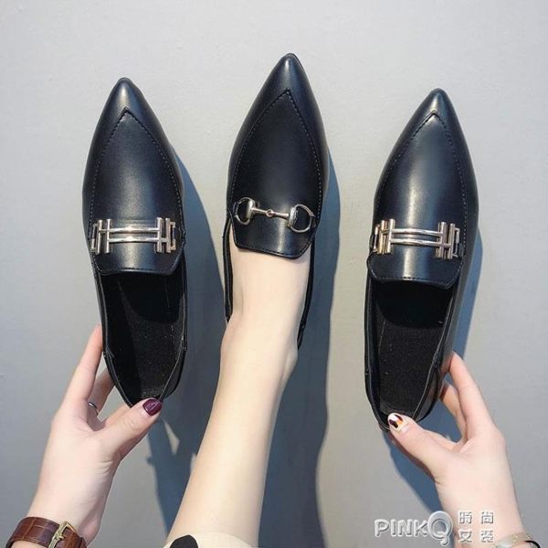 網紅單鞋女2019春季新款英倫風黑色小皮鞋尖頭平底一腳蹬樂福鞋潮 【PINK Q】