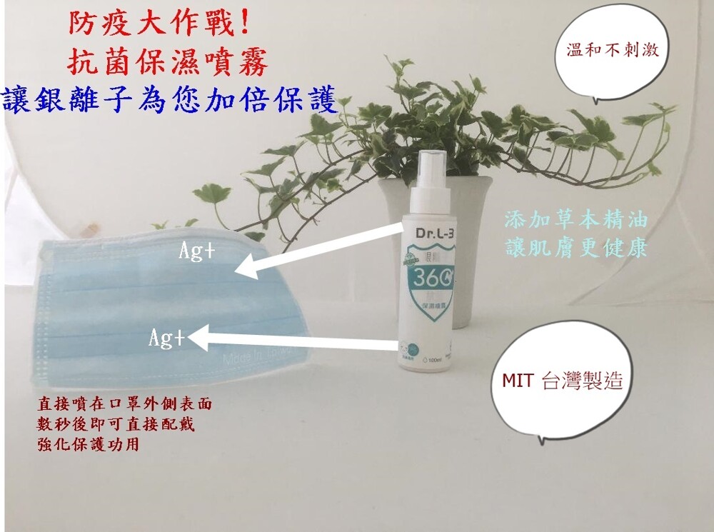 一次性消毒會形成很大的漏洞唯有銀離子(Ag+) 噴一次能維持數日病毒在噴霧後的表面上無法再生長繁殖，才是安全防護之道 Dr.L-3(Ag+抗菌保濕噴霧)真正長效抗菌防護銀離子添加數秒内殺滅 99.99